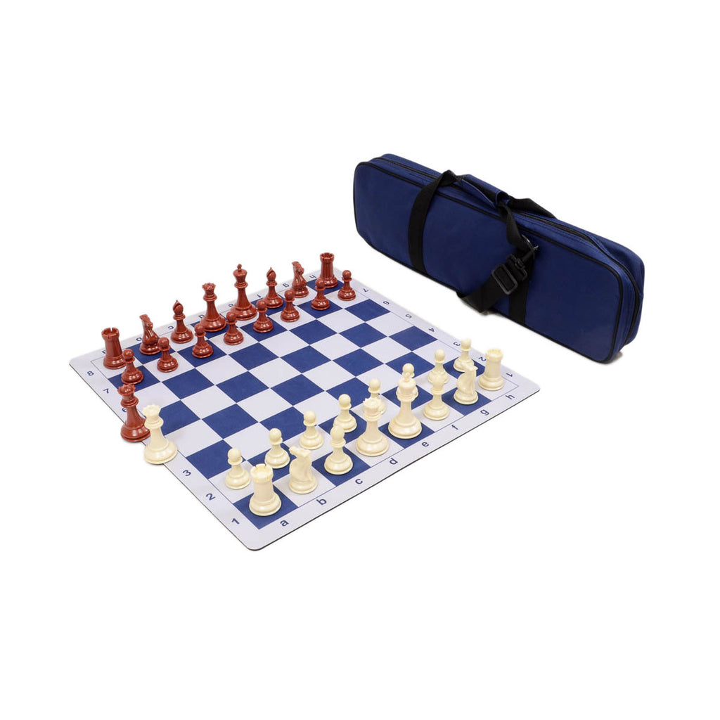 Traditional Staunton Combo Set - Blue Bag/Board with Red & Ivory Pieces