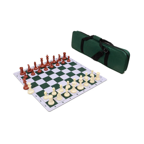 Traditional Staunton Combo Set - Green Bag/Board with Red & Ivory Pieces