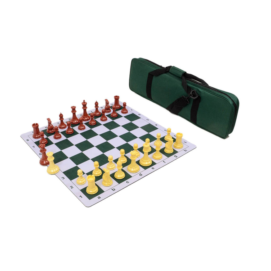 Traditional Staunton Combo Set - Green Bag/Board with Red & Natural Pieces