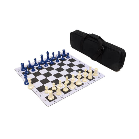 Traditional Staunton Combo Set - Black Bag/Board with Blue & Ivory Pieces