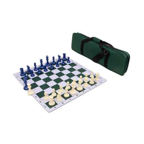 Traditional Staunton Combo Set - Green Bag/Board with Blue & Ivory Pieces