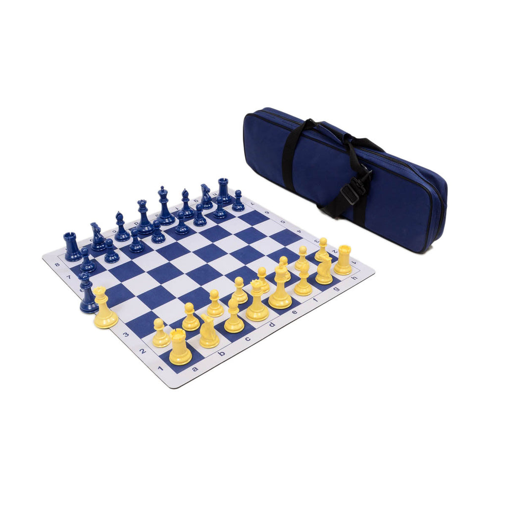Traditional Staunton Combo Set - Blue Bag/Board with Blue & Natural Pieces