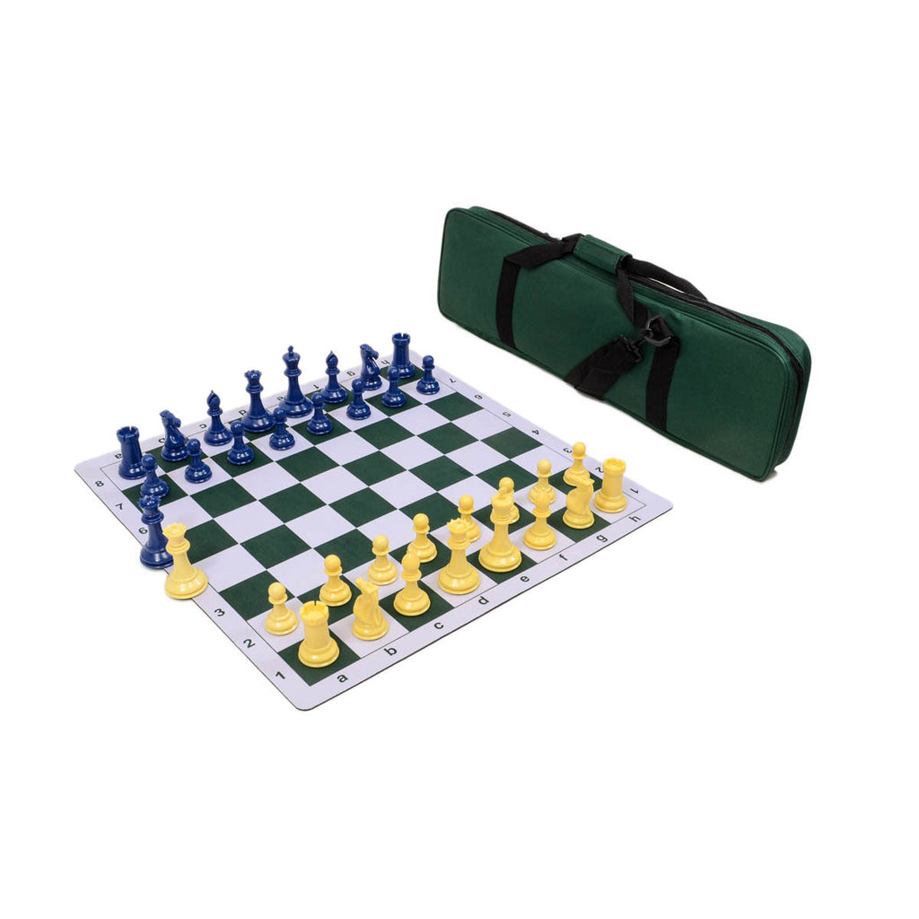 Traditional Staunton Combo Set - Green Bag/Board with Blue & Natural Pieces